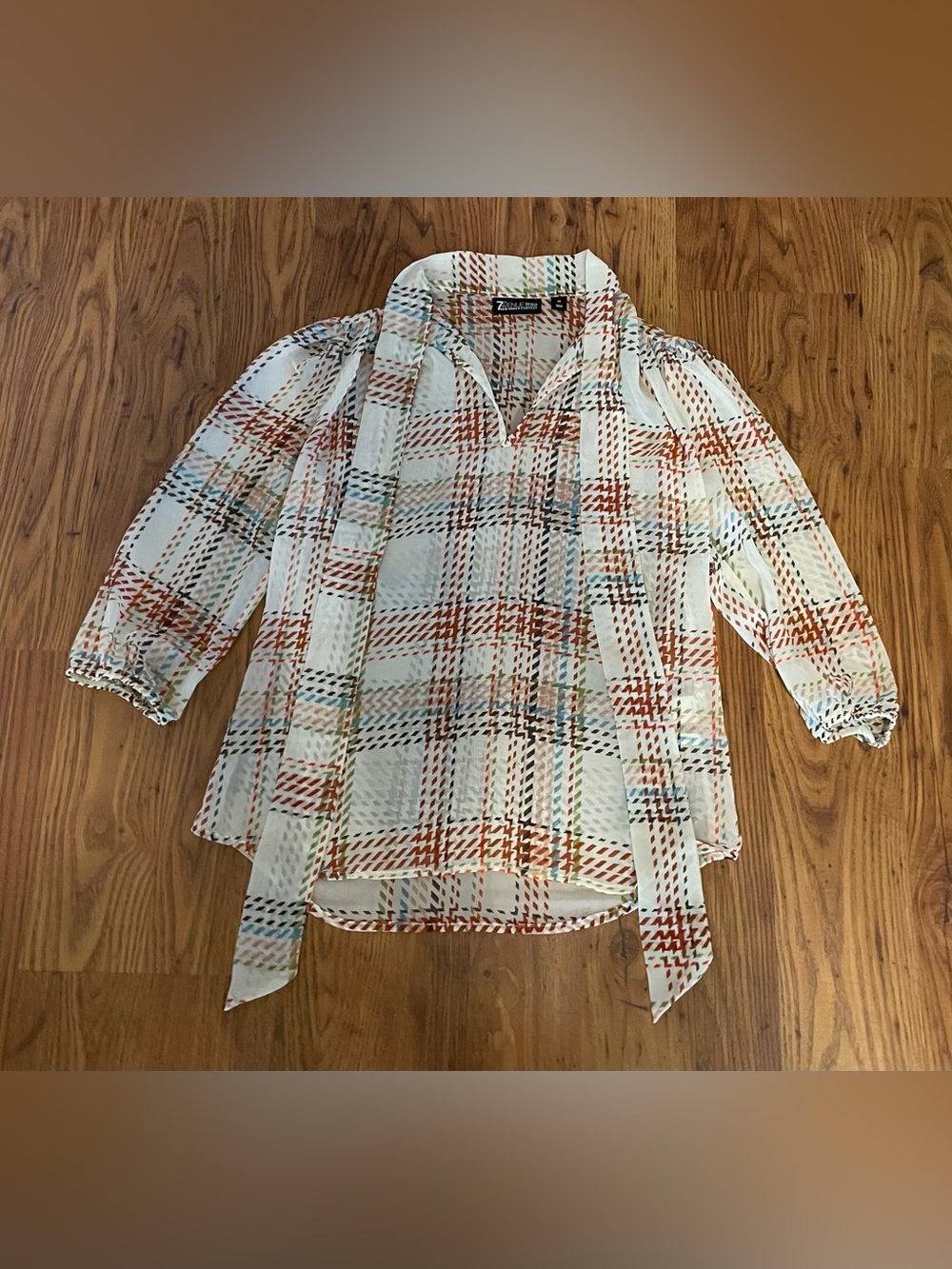 7th Avenue Design Studio New York & Company Cream Sheer Plaid Tie-Neck Blouse XS